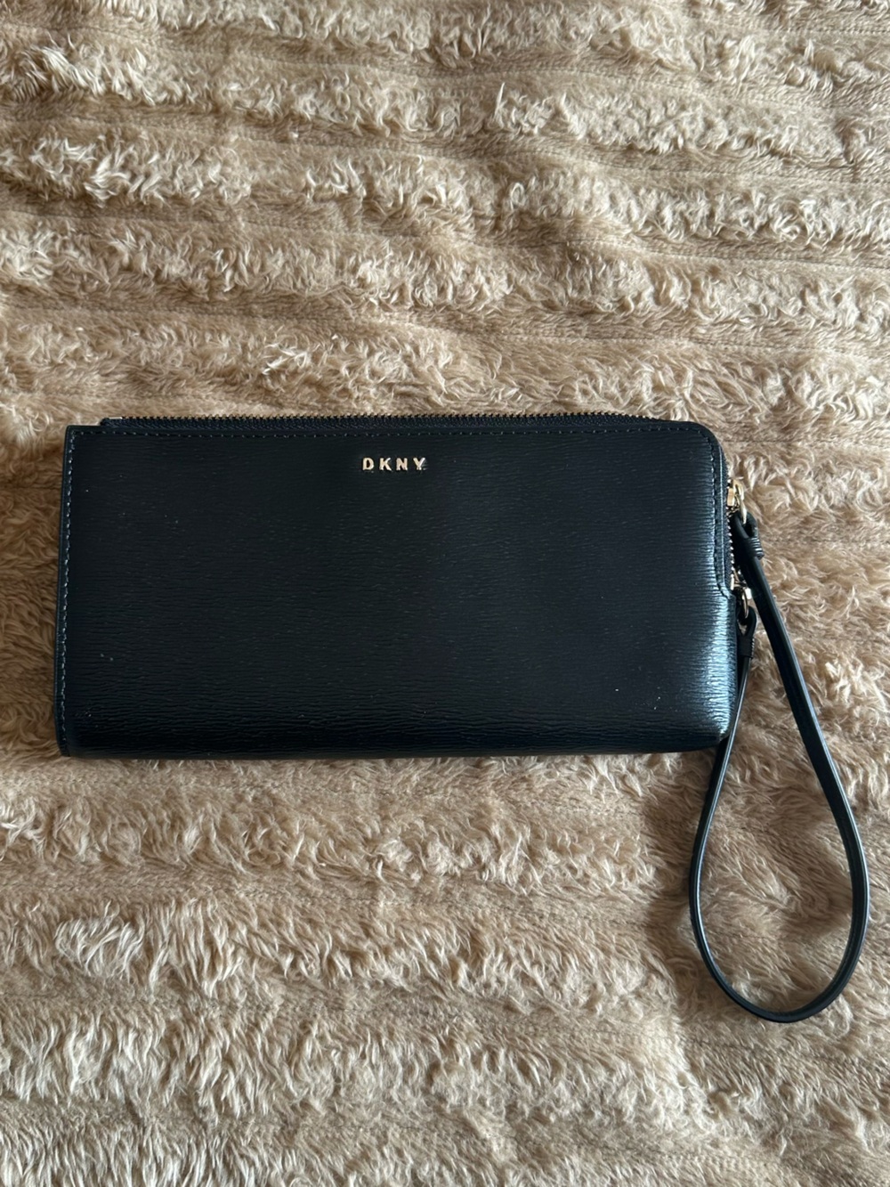 DKNY Black Leather Wristlet Zip Wallet with Gold Logo